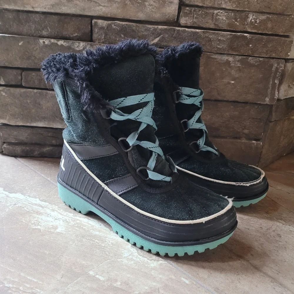 Sorel Youth Tivoli II Winter Boots 3 Black Blue NY1888-010 Fur Lined Lace Up